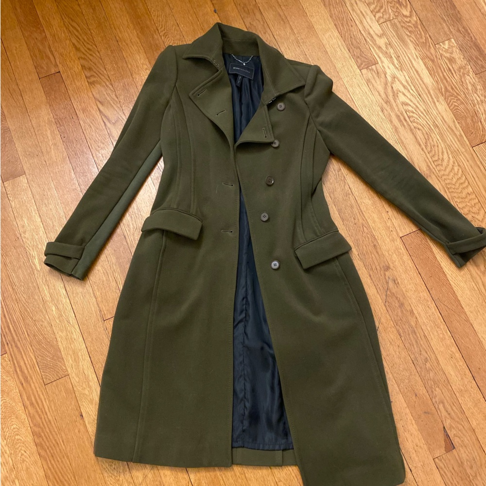 Authentic BCBG Max Azria Murdock Olive Green long pea coat. Size SMALL!